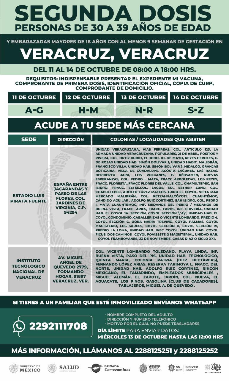 Aplicarán el 11 al 14 de octubre segunda dosis de vacuna anticovid a  personas de 30 a 39 años en Veracruz puerto